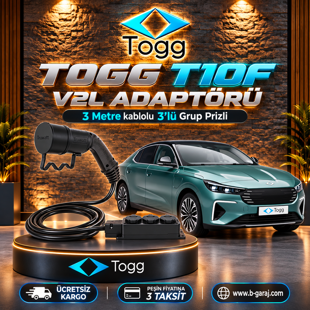 Truwatt – Togg T10F Uyumlu, 3 Metre Uzatmalı Üçlü Priz V2L